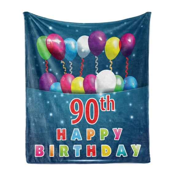 90th Birthday Soft Flannel Fleece Throw Blanket, Joyful Surprise Party Mood with Best Wishes Balloons and Swirls Age 90, Cozy Plush for Indoor and Outdoor Use, 50" x 70", Multicolor, by Ambesonne