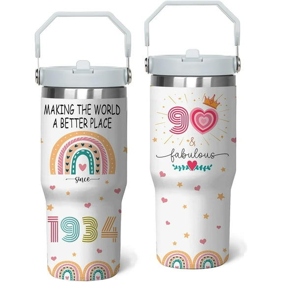 90th Birthday Tumbler with Handle & Straw, Birthday Gifts Stainless Steel Cups 30 Oz, 90 Year Old Birthday Gifts for Girls, 90th Birthday Decorations for Girls, Happy 90th Birthday Gifts for Women