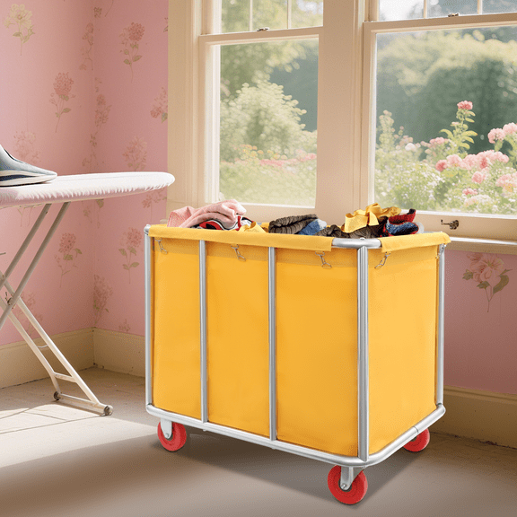 90x65x80cm Large Capacity Commercial Laundry Cart with 4 Wheels Stainless Steel Laundry Cartfor Home Hotel Yellow
