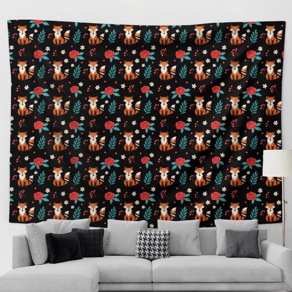 90x70 Inch Rectangle Wall Tapestry for Indoor & Outdoor, Living Room, Bedroom, Teen Room,Fox Floral Rose Black Pattern