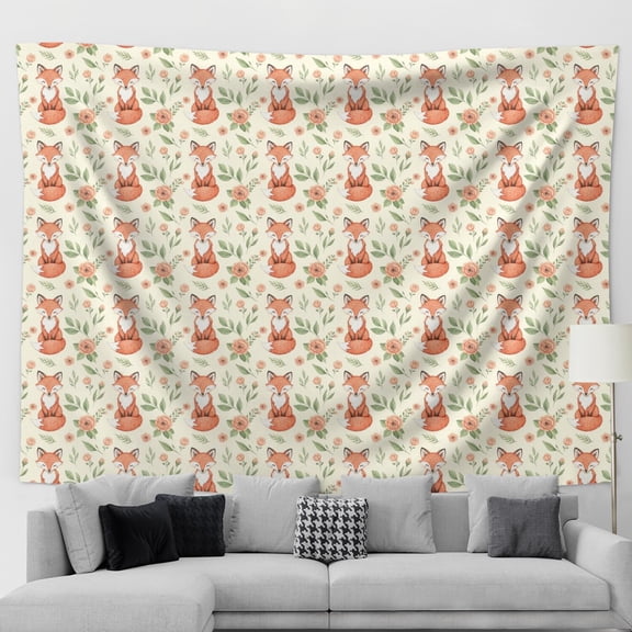 90x70 Inch Rectangle Wall Tapestry for Indoor & Outdoor, Living Room, Bedroom, Teen Room,Fox Rose Floral Cream Pattern