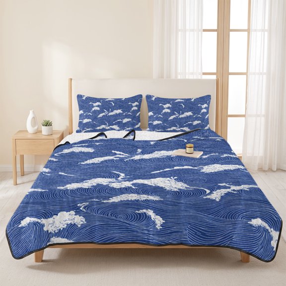 90x96in Quilt Bedding Set, Abstract Blue White Ocean Wave Lightweight Coverlet Summer Comforter Set Soft Microfiber Bedspread, Sea Waves Line 3 Piece Quilt Set with 2 Pillow Shams All Seasons Use