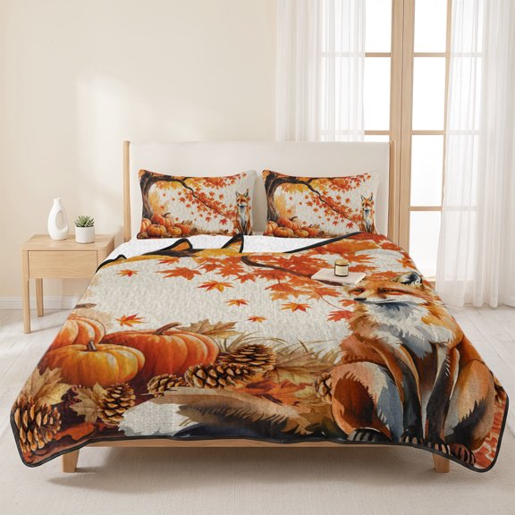 90x96in Quilt Bedding Set, Autumn Orange Maple Leaf Lightweight Coverlet Summer Comforter Set Soft Microfiber Bedspread, Fox Farm Pumpkin Pinecone 3 Piece Quilt Set with 2 Pillow Shams