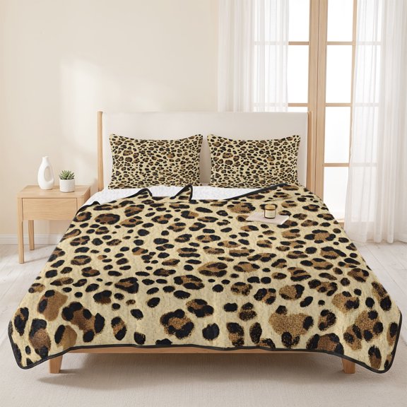90x96in Quilt Bedding Set, Leopard Print Seamless Pattern Lightweight Coverlet Summer Comforter Set Soft Microfiber Bedspread, Animal Print Design 3 Piece Quilt Set with 2 Pillow Shams