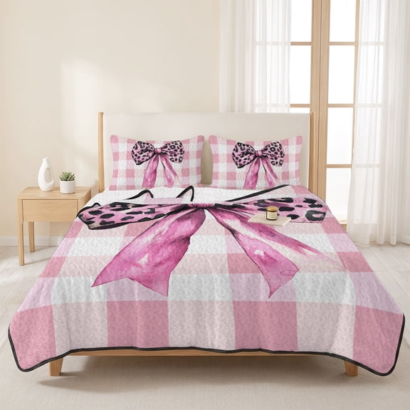 90x96in Quilt Bedding Set, Spring Bow Leopard Print Lightweight Coverlet Summer Comforter Set Soft Microfiber Bedspread, Pink White Check Background 3 Piece Quilt Set with 2 Pillow Shams