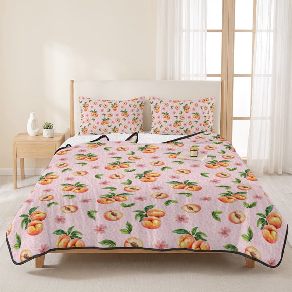 90x96in Quilt Bedding Set, Summer Peaches on Pink Background Lightweight Coverlet Summer Comforter Set Soft Microfiber Bedspread, Watercolor Flower 3 Piece Quilt Set with 2 Pillow Shams