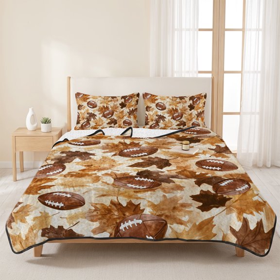 90x96in Quilt Bedding Set, Thanksgiving Autumn Maple Leaf Lightweight Coverlet Summer Comforter Set Soft Microfiber Bedspread, Watercolor Rugby 3 Piece Quilt Set with 2 Pillow Shams All Seasons Use