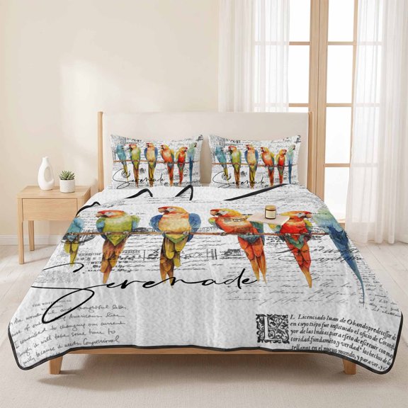 90x96in Quilt Bedding Set, Watercolor Parrot on Vintage Postcard Lightweight Coverlet Summer Comforter Set Microfiber Bedspread, Colorful Bird Letter Texture 3 Piece Quilt Set with 2 Pillow Shams
