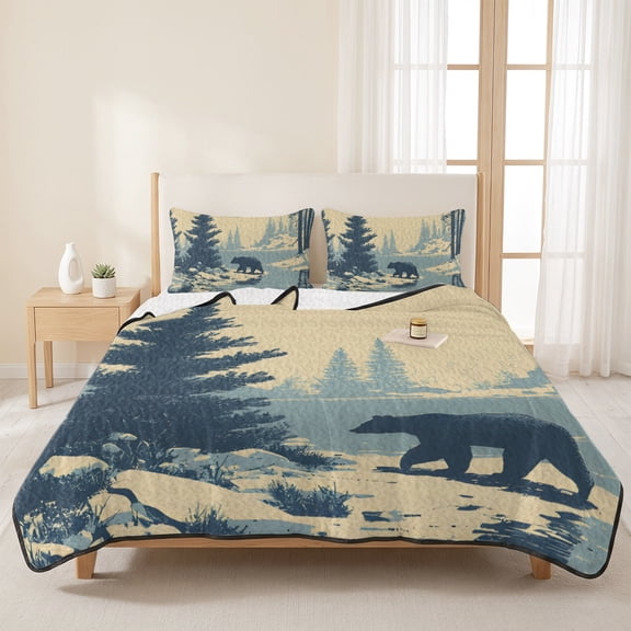 90x96in Quilt Bedding Set, Winter Bear Evergreen Trees Lightweight Coverlet Summer Comforter Set Soft Microfiber Bedspread, Rustic Snow River 3 Piece Quilt Set with 2 Pillow Shams All Seasons Use