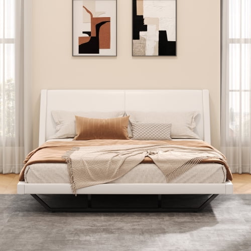 91.1" Queen Upholstered Platform Bed with PU Leather, Wave-Like Curve Design, Trapezoidal Legs, Sturdy Frame, No Box Spring Needed for Bedroom, White