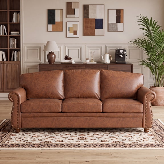 91.3" Traditional Faux Leather 3-Seater Sofa, American Vintage Rolled Arm Couch with Wood Legs, Caramel