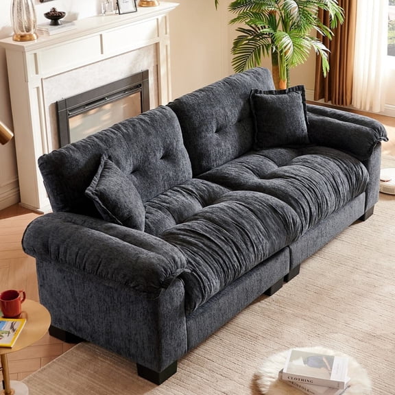 91.5"Chenille Deep Seat Sofa Couch with 2 Throw Pillows
