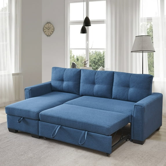 91.7" Pull-Out Sleeper Bed, L-Shape 3-Seater Modular Fabric Convertible Reversible Sleeper Sectional Sofa Couch with Storage Chaise - Blue 00002
