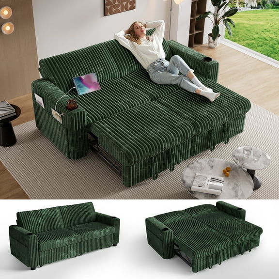 91" Contemporary Sleeper Sofa Bed with Pull-Out Memory Foam Bed & Reclining Backrest - Green Sectional Couch with Hardwood Frame, Ideal for Small Apartments & Guest Rooms