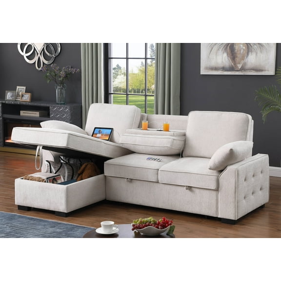 91" Convertible Sleeper Sofa, Chenille Modern L-Shaped Couches with Storage Chaise, Pull Out Sectional Futon Sofa Bed with Drop-Down Table and Cup Holders for Bedroom, Beige