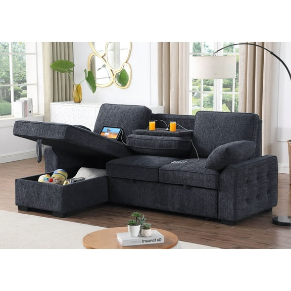 91" Convertible Sleeper Sofa, Chenille Modern L-Shaped Couches with Storage Chaise, Pull Out Sectional Futon Sofa Bed with Drop-Down Table and Cup Holders for Bedroom, Charcoal