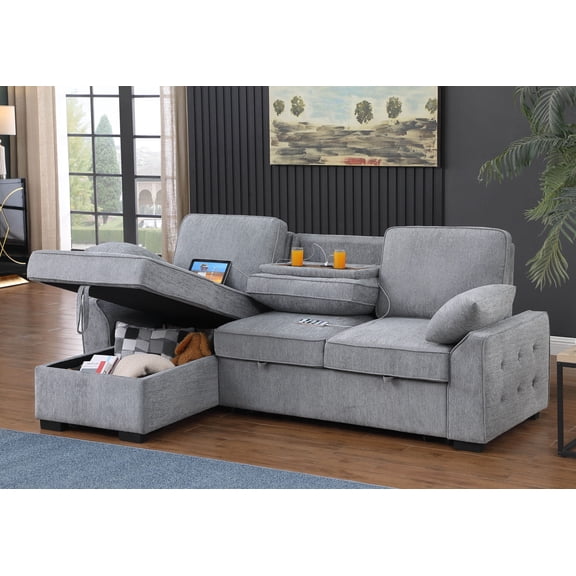 91" Convertible Sleeper Sofa, Chenille Modern L-Shaped Couches with Storage Chaise, Pull Out Sectional Futon Sofa Bed with Drop-Down Table and Cup Holders for Bedroom, Light Gray