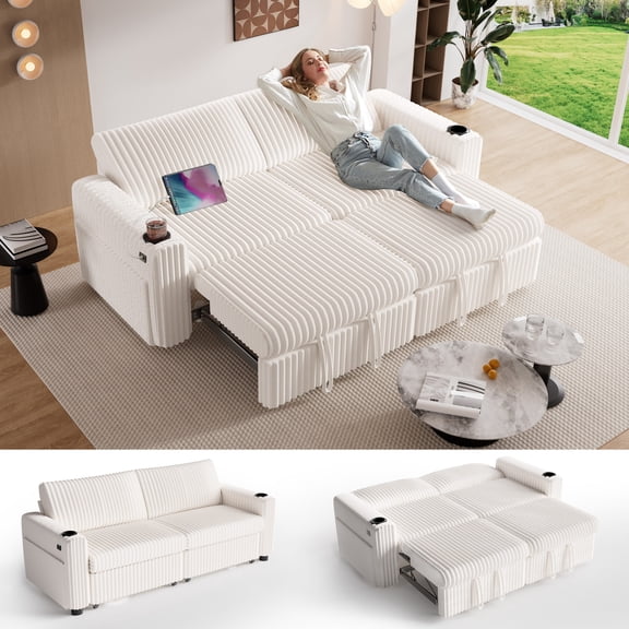 91" L-Shaped Sleeper Sectional Sofa Bed with Pull-Out Bed, Reversible Storage Chaise, Reclining Backrest, USB Charging Ports, Cup Holders, Plush Corduroy Couch, Tool-Free Assembly