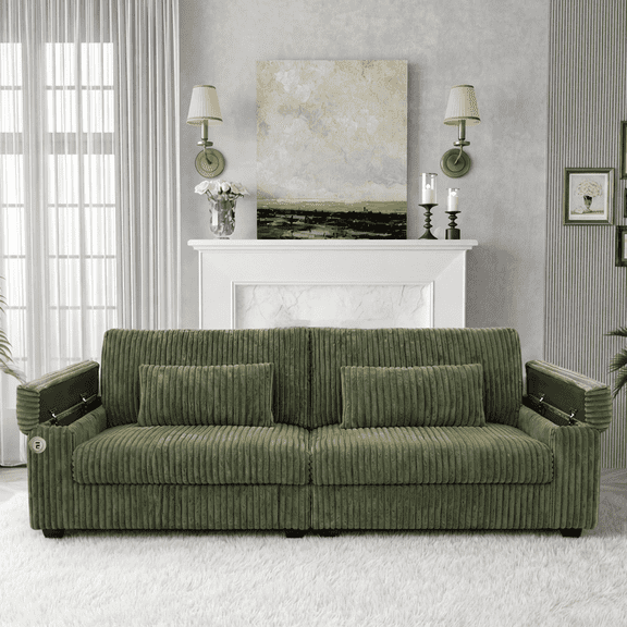 91" Modern Corduroy Sofa with Storage Armrests, Large 2-3 Seater Couches for Living Room, Apartment & Small Spaces, Comfortable Upholstered Settee with Cup Holders & USB Ports, Green