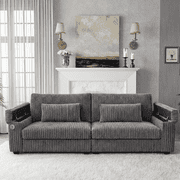 91" Modern Corduroy Sofa with Storage Armrests, Large 2-3 Seater Couches for Living Room, Apartment & Small Spaces, Comfortable Upholstered Settee with Cup Holders & USB Ports, Grey