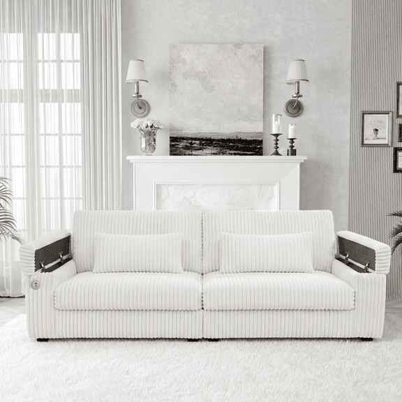 91" Modern Corduroy Sofa with Storage Armrests, Large 2-3 Seater Couches for Living Room, Apartment & Small Spaces, Comfortable Upholstered Settee with Cup Holders & USB Ports, off white