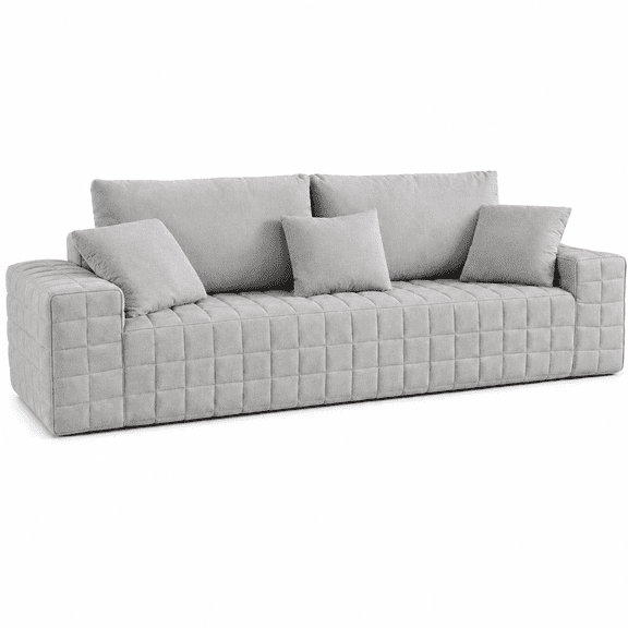 91" Oversized Chenille Cloud Sofa, 3-Seater Deep Seat Couch with Pocket Springs, No Assembly Required, Modern Grid Tufted Sofa for Living Room or Apartment, Gray