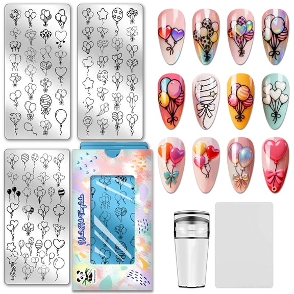 91 Patterns Balloons Nail Stamping Plates 3PCS Heart Balloons Templates DIY Star Spot Balloon Nail Image Template Art Stencils with Tools