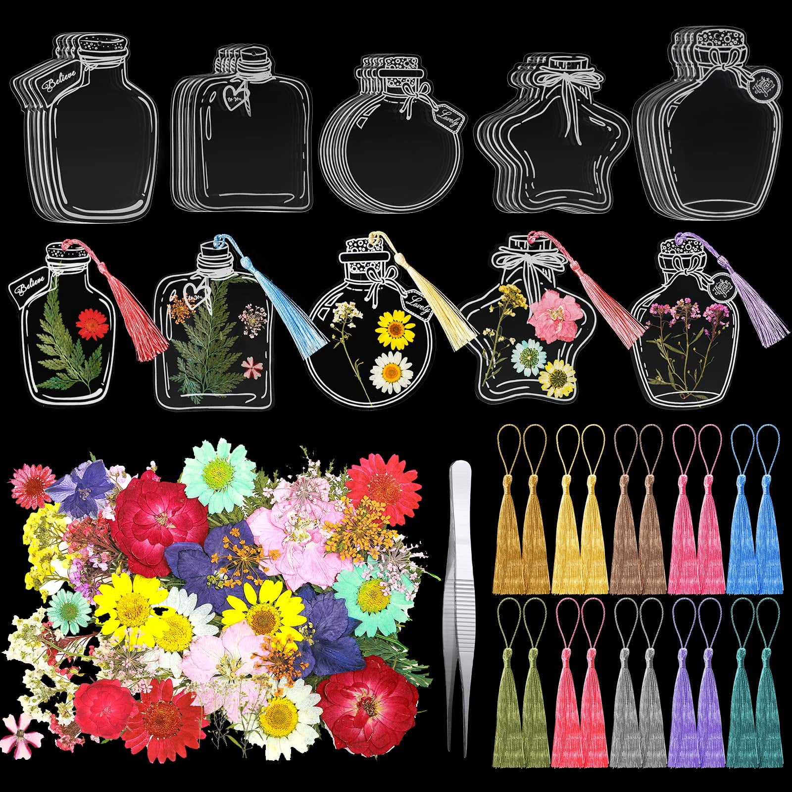 91 Piece DIY Transparent Dried Flower Bookmark Set with Butterflies, Colorful Tassels, and Tweezers for Books and Bottles, Classic Colors