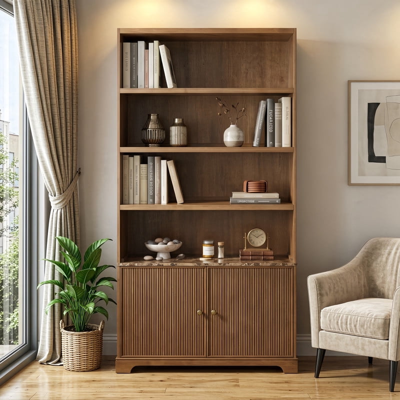 91" Tall Storage Cabinet with Faux Marble Tabletop, Freestanding Bookcase with Fluted Doors, Wooden Display Bookshelf Office Hutch