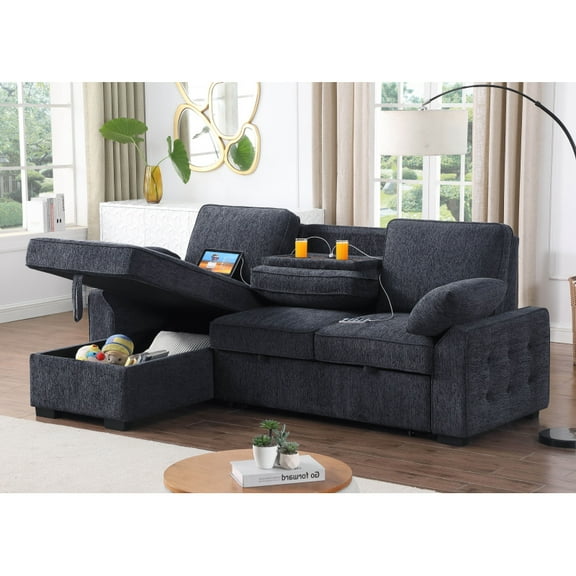 91"W Charcoal Chenille Sleeper Sectional (Reversible Storage Chaise, Drop-Down Table USB/USB-C Ports+Cup Holders, 3-Seat for Guests)