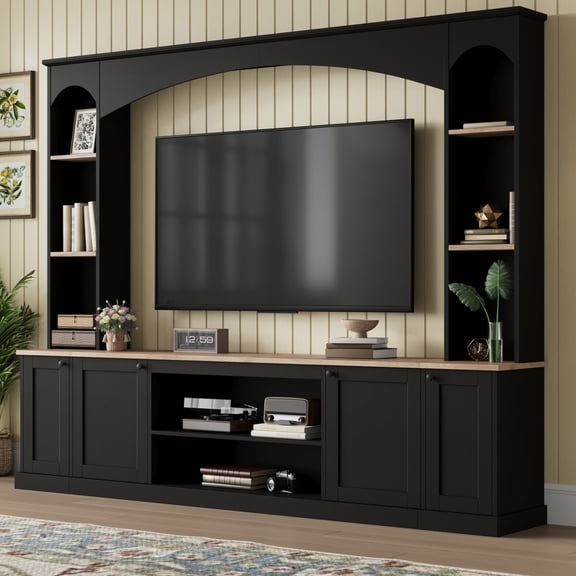 91"W Wall Unit TV Stand with Storage for TVs up to 70", Modern Wall Unit Entertainment Center with Cabinets and Bookshelves for Living Room, Black