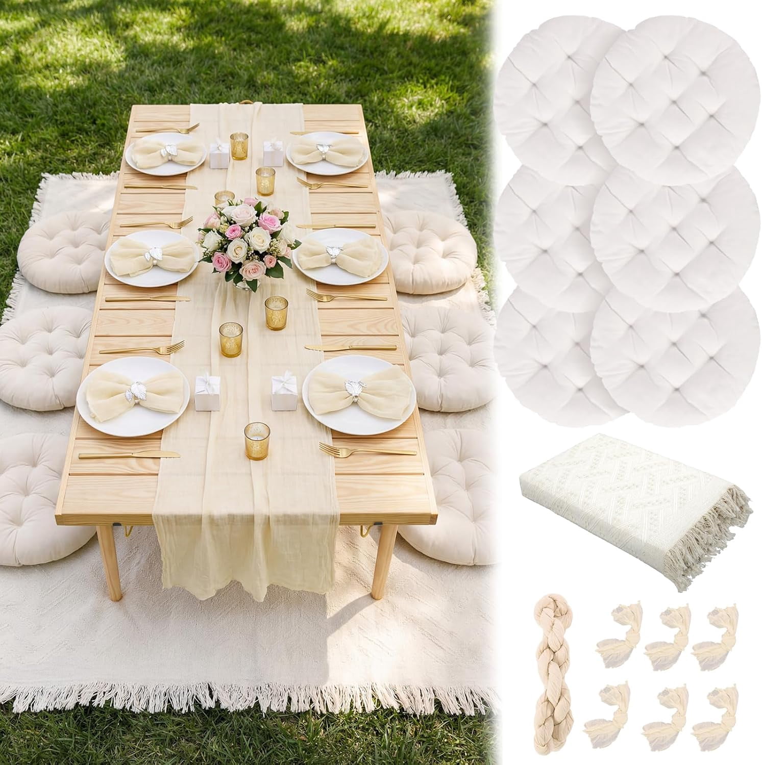 91 x 71'' Extra Large Outdoor Picnic Blanket with Beige Table Runner 6 Napkins and 6 Beige Floor Pillows Cushions for Picnic Party Camping Wedding Bachelorette Birthday Baby Shower Decor