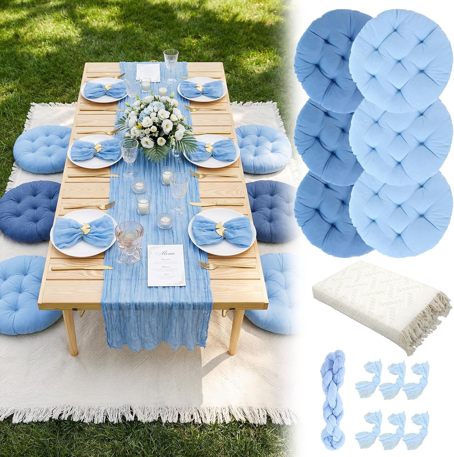 91 x 71'' Extra Large Outdoor Picnic Blanket with Blue Picnics Table Runner 6 Napkins and 6 Blue Floor Pillows Cushions for Picnic Party Camping Wedding Bachelorette Birthday Baby Shower Decor