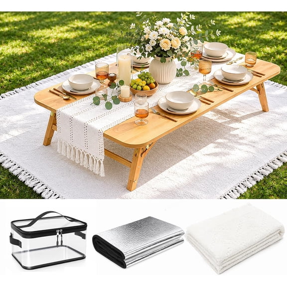 91 x 71inch White Outdoor Picnic Blanket with Waterproof Mat & Bag, Woven Cotton Yarn Oversize Portable Beach Blanket with Fringe Machine Sandproof for Camping, Lawn or Wedding Photoshoot (Boho)