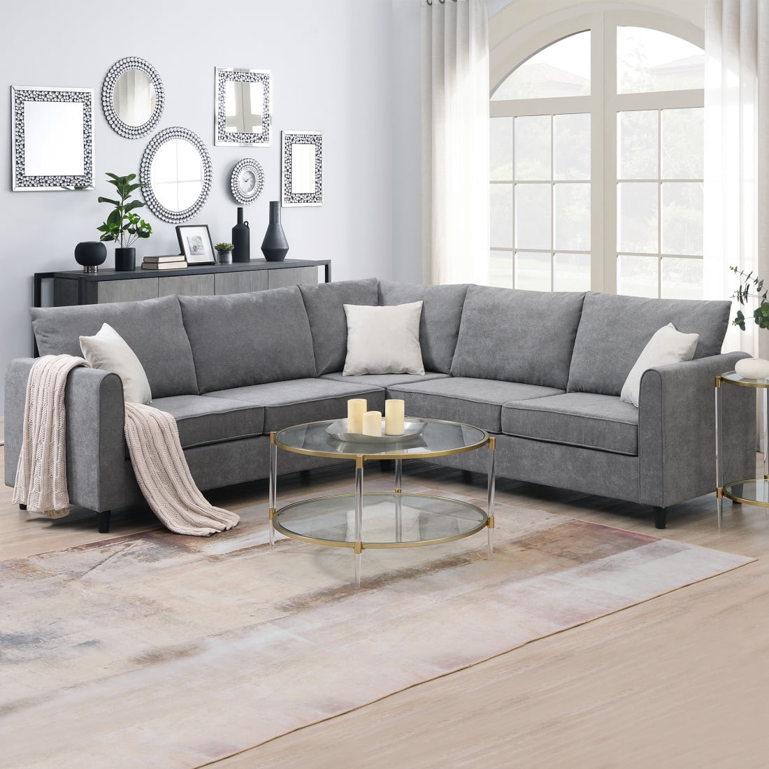 Gray 91'' L-Shaped Upholstered Sectional Sofa with Wood Legs