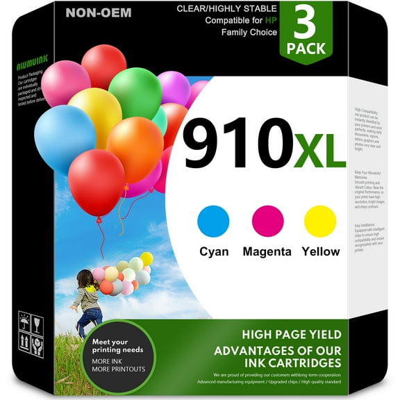 910XL Ink Cartridges Compatible for HP 910 XL Ink for HP 910 (3PK C/M/Y) OfficeJet 8010 Printer.