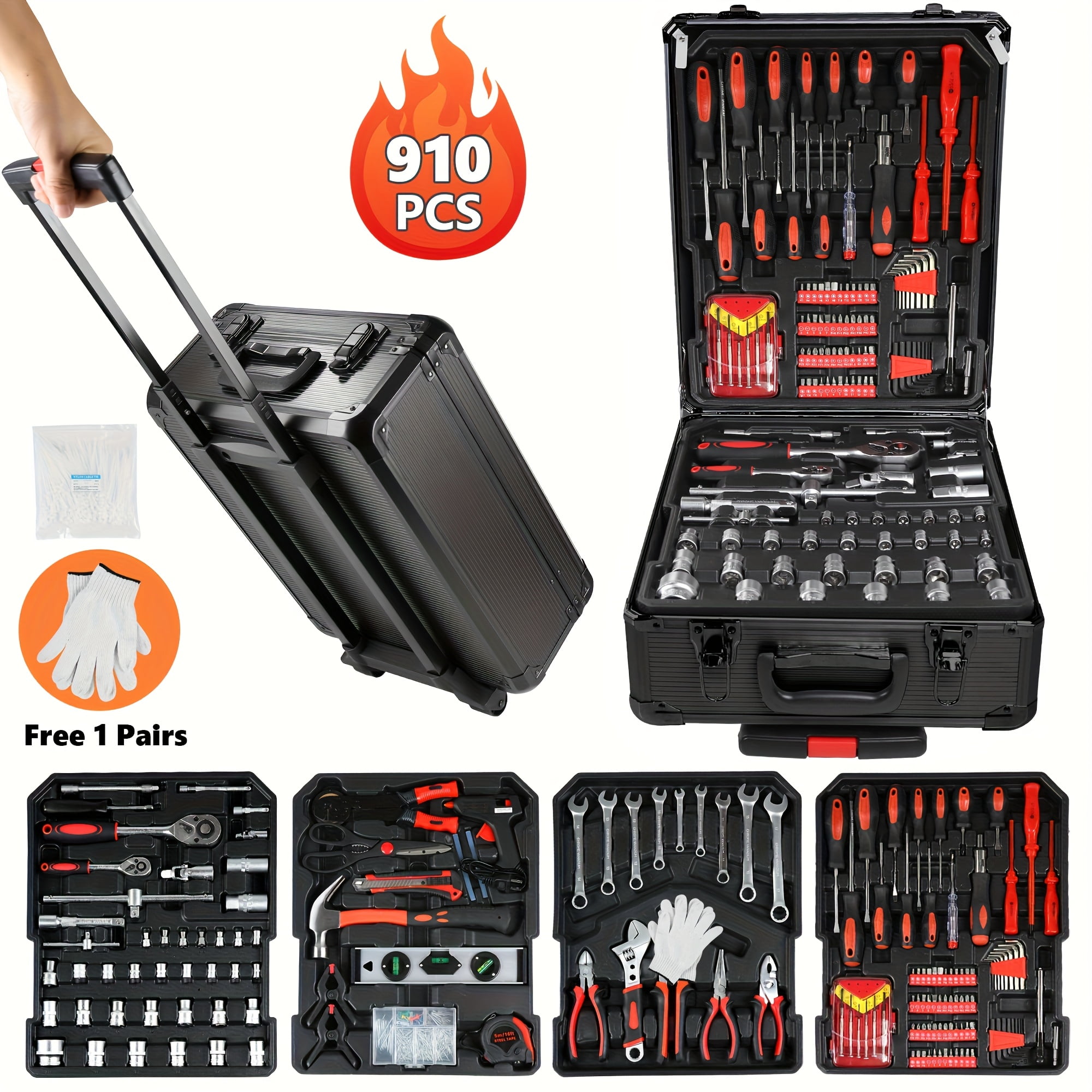 910pcs Aluminum Rolling Tool Set with Wheels - 4-Layer Portable Toolbox ...
