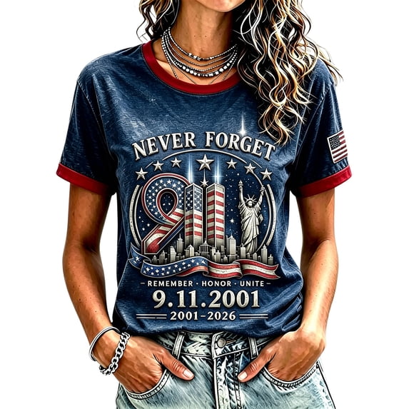 911 25th Anniversary Tshirt for Women We Will Never Forget Short Sleeve Patriotic Shirts | 911 American Flag Memorial Shirt 2001-2026 Courage Faith Hope Tee Tops