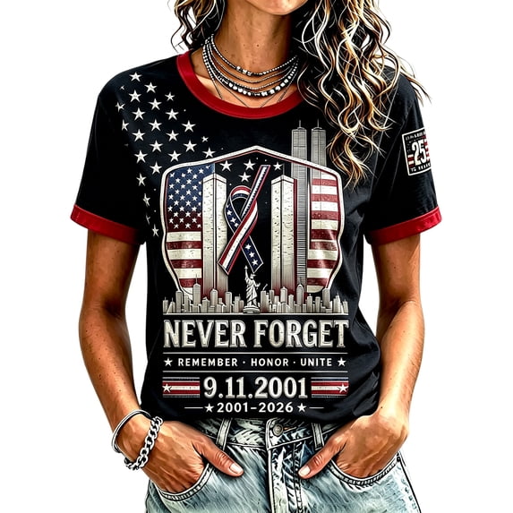 911 25th Anniversary Tshirt Womens Never Forget 911 Memorial Shirts, S