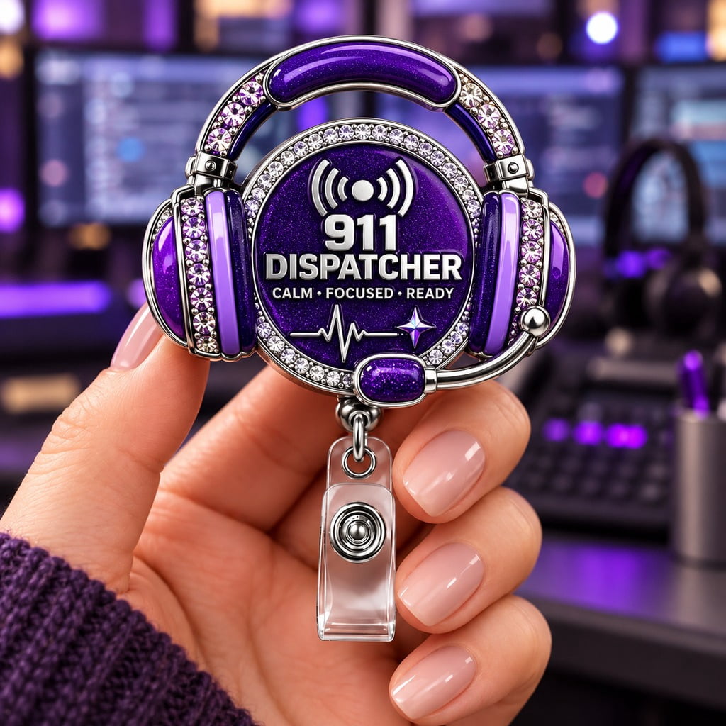 911 Dispatcher Badge Reel Purple Silver Headset ID Holder for Emergency ...