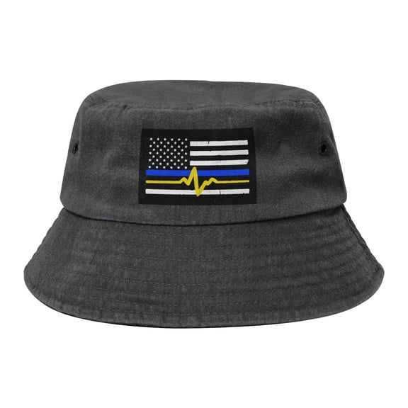 911 Dispatcher - Thin Blue Gold Line Flag Washed Bucket Hat For Men Women Denim Bucket Hat Sun Hat Cowboy Fishing Beach Hat