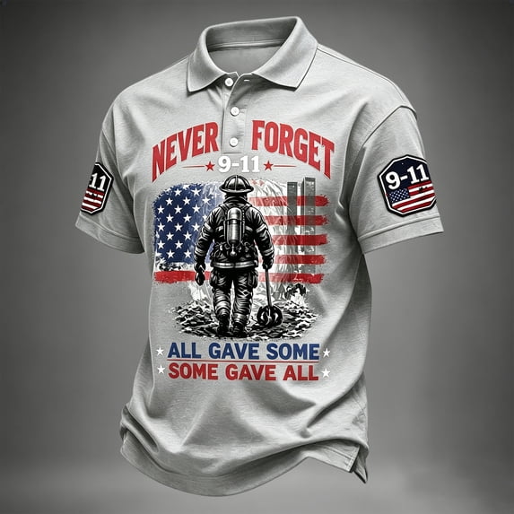 911 Never Forget Golf Polo Shirts for Men American Flag Shirts Collared Lapel Short Sleeve Polo Shirts Courage Hope Patriotic 9/11 Memorial Shirts