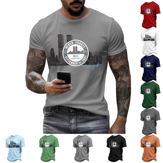 911 Never Forget Mens T-Shirts 9/11 25th Anniversary Shirt Memorial Day Anniversary Patriotic T-Shirt Light Gray XL
