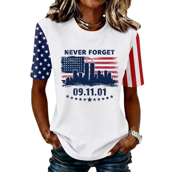911 Never Forget Shirt for Women Flag Printed Vintage 9/11 Memorial Shirt Honor Faith American Flag 911 Memorial Shirt