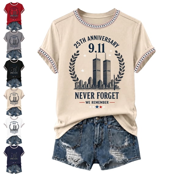 911 Never Forget Short Sleeve Tops for Women 9/11 25th Anniversary Shirt Patriotic American Flag Memorial Day Faith Tshirt Beige M