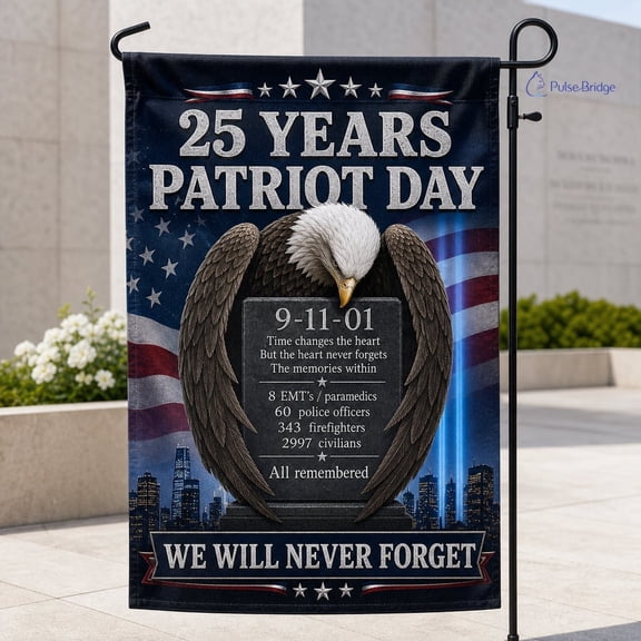 911 Patriot Day 25 Years Garden Flag, The Heart Never Forgets Memorial Flag, We Will Never Forget, 9/11 Tribute US House Flag