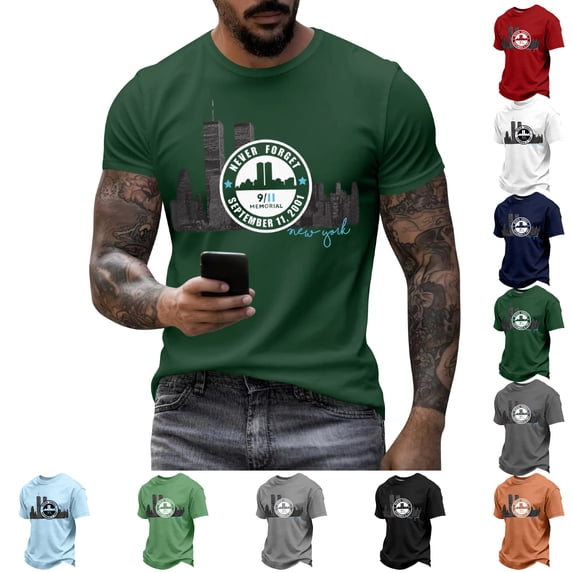 911 We Will Never Forget Mens Shirts 9/11 25th Anniversary Shirt Memorial Patriotic Vintage Tops Army Green S