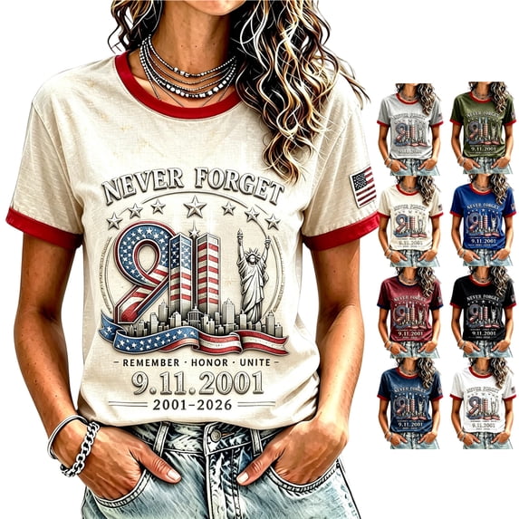 911 We Will Never Forget Womens Tops Short Sleeve 9/11 25th Anniversary Shirt Patriotic American Flag Memorial Faith Tshirt Khaki L