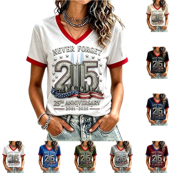 911 We Will Never Forget Womens Tops Short Sleeve 9/11 25th Anniversary Shirt Patriotic Vintage Memorial Faith Tshirt White S