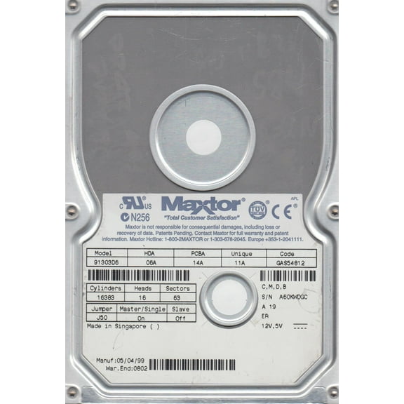 91303D6, Code GAS54812, CMDB, Maxtor 13GB IDE 3.5 Hard Drive